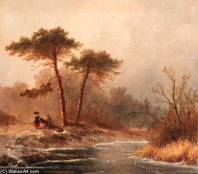WikiOO.org - Encyclopedia of Fine Arts - Lukisan, Artwork Johannes Franciscus Hoppenbrouwers - A Winter Landscape With Woodgatherer And A Sportsman
