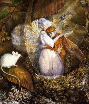 Wikioo.org - The Encyclopedia of Fine Arts - Painting, Artwork by John Anster Fitzgerald - Fairy Lovers In A Bird's Nest Watching A White
