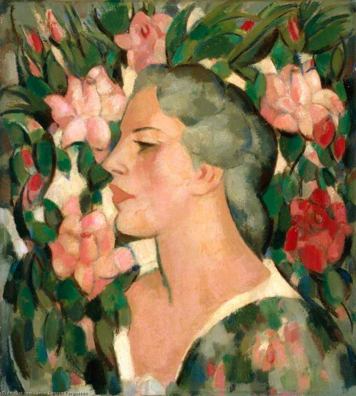 Wikioo.org - The Encyclopedia of Fine Arts - Painting, Artwork by John Duncan Fergusson - Head With Roses (jean Brandt)