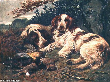 Wikioo.org - The Encyclopedia of Fine Arts - Painting, Artwork by John Emms - A Pair Of Liver And White Clumber Spaniels