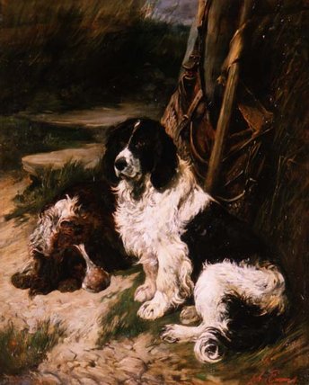 Wikioo.org - The Encyclopedia of Fine Arts - Painting, Artwork by John Emms - Brown And White And Black And White Spaniel