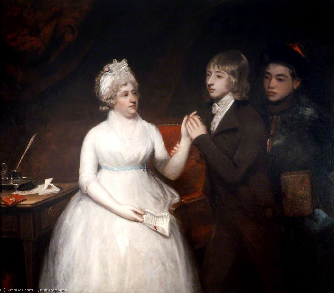 Wikioo.org - The Encyclopedia of Fine Arts - Painting, Artwork by John Hoppner - Lady Staunton With Her Son George Thomas Staunton And A Chinese Servant