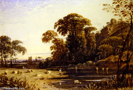 Wikioo.org - The Encyclopedia of Fine Arts - Painting, Artwork by John Varley I (The Older) - Landscape With A Tower On A Hill