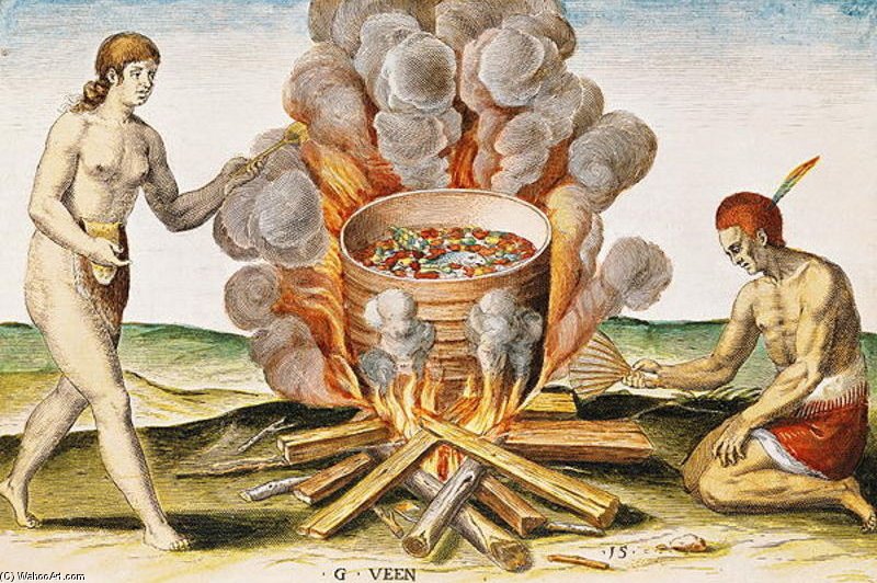 Wikioo.org - The Encyclopedia of Fine Arts - Painting, Artwork by John White - Cooking Food In A Terracotta Pot, From Admiranda Narratio... , Engraved By Gysbert Van Veen 88 Large