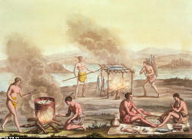 Wikioo.org - The Encyclopedia of Fine Arts - Painting, Artwork by John White - Indigenous Natives From Florida Preparing And Cooking Food Large
