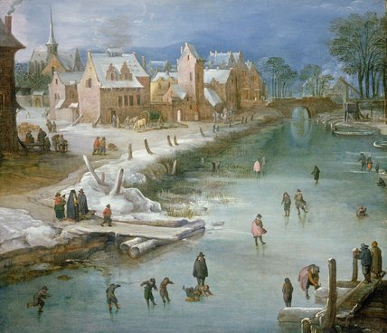 Wikioo.org - The Encyclopedia of Fine Arts - Painting, Artwork by Joos De Momper - Skaters On A Frozen River Alongside A Town