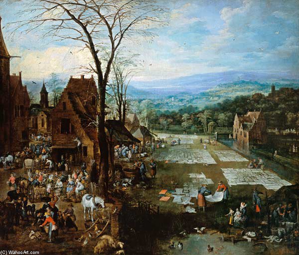 Wikioo.org - The Encyclopedia of Fine Arts - Painting, Artwork by Joos De Momper - Women On The Edge Of A Flemish Town Washing Market Hustle And Bustle And Laundry