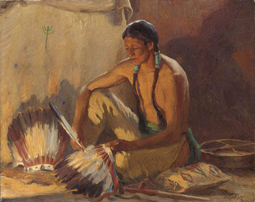 Wikioo.org - The Encyclopedia of Fine Arts - Painting, Artwork by Joseph Henry Sharp - The War Bonnet Maker