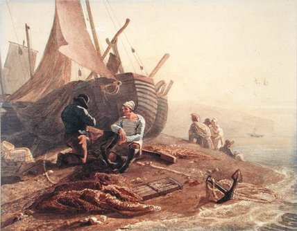 Wikioo.org - The Encyclopedia of Fine Arts - Painting, Artwork by Joshua Cristall - Fishermen Mending Their Nets,