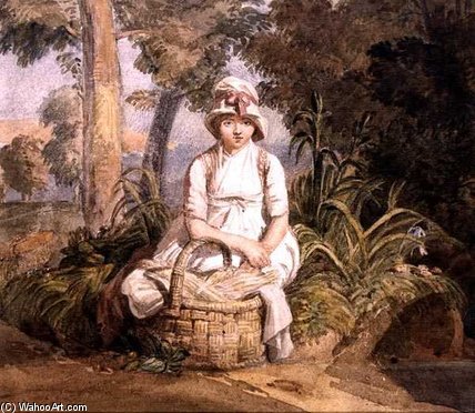 Wikioo.org - The Encyclopedia of Fine Arts - Painting, Artwork by Joshua Cristall - Seated Girl With Bonnet