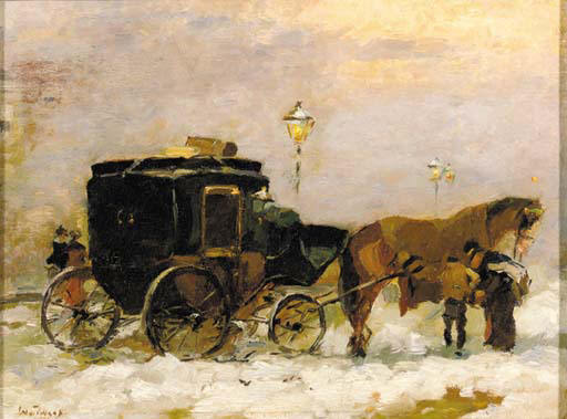 WikiOO.org - Encyclopedia of Fine Arts - Maalaus, taideteos Wilhelmus Hendrikus Petrus Johannes Zwart - Aapje In De Sneeuw; A Horse-drawn Cab