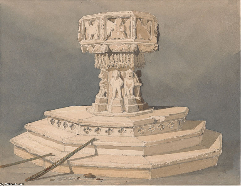 Wikioo.org - The Encyclopedia of Fine Arts - Painting, Artwork by John Sell Cotman - Font At Happisburgh Church, Norfolk