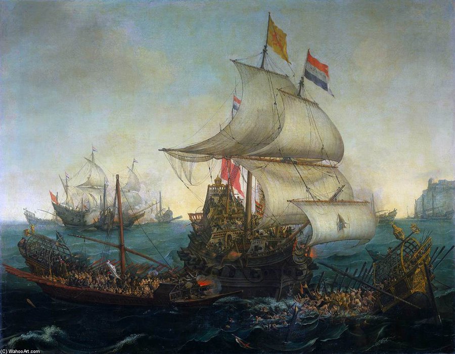Wikioo.org - The Encyclopedia of Fine Arts - Painting, Artwork by Hendrick Cornelisz Vroom - Dutch Ships Ramming Spanish Galleys Off The Flemish Coast In October
