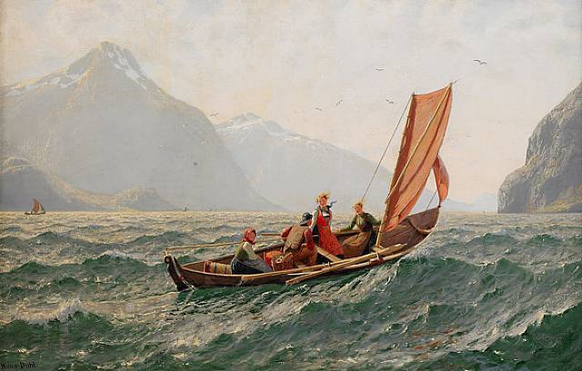 Wikioo.org - สารานุกรมวิจิตรศิลป์ - จิตรกรรม Hans Andreas Dahl - Fjord With Sailing Boat