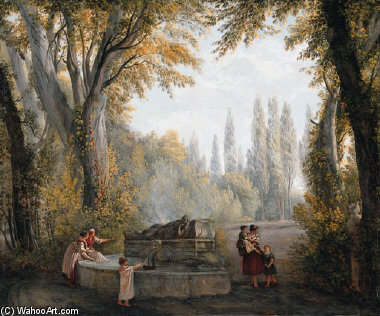 Wikioo.org - The Encyclopedia of Fine Arts - Painting, Artwork by Abraham-Louis-Rodolphe Ducros - A Park Landscape With Women And Children Beside A Fountain