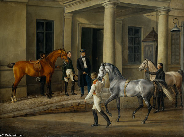 Wikioo.org - Bách khoa toàn thư về mỹ thuật - Vẽ tranh, Tác phẩm nghệ thuật Adam Albrecht - Two Noble Horses Are Demonstrated To The Lord Of The Castle