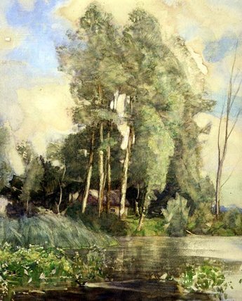 Wikioo.org - The Encyclopedia of Fine Arts - Painting, Artwork by Adrian Scott Stokes - A Cottage On A Riverbank