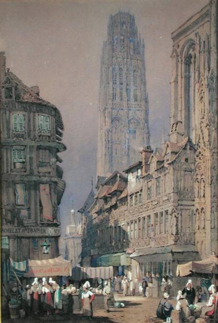 Wikioo.org - The Encyclopedia of Fine Arts - Painting, Artwork by Adrien Dauzats - Market At The Foot Of The Tour De Beurre, Rouen On
