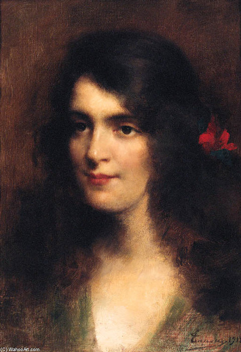 WikiOO.org - 百科事典 - 絵画、アートワーク Adrien Henri Tanoux - A Young 美しさ ととも​​に 赤い花 彼女インチ 髪の毛