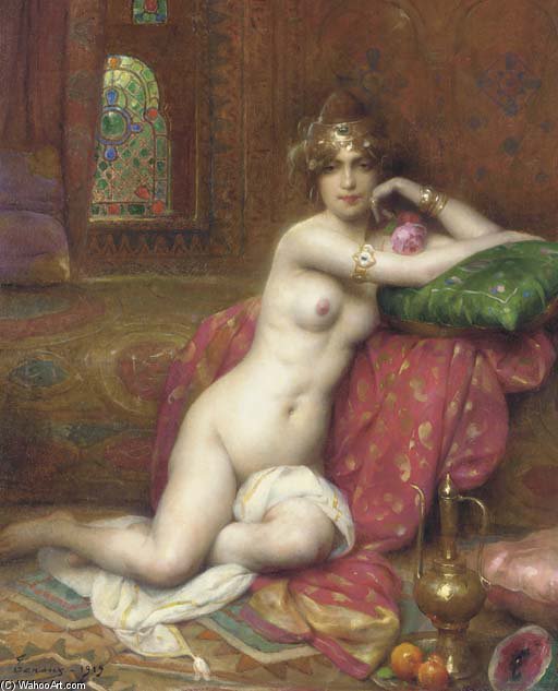 Wikioo.org - The Encyclopedia of Fine Arts - Painting, Artwork by Adrien Henri Tanoux - An Oriental Beauty In An Interior