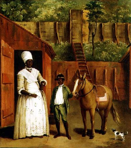 WikiOO.org - Encyclopedia of Fine Arts - Maalaus, taideteos Agostino Brunias - A Negro Mother And Son With A Pony Outside A Stable
