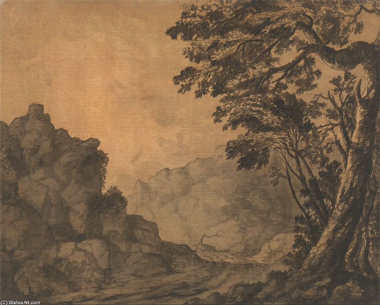 Wikioo.org - The Encyclopedia of Fine Arts - Painting, Artwork by Alexander Cozens - A Road In A Mountain Landscape With Trees To The Right
