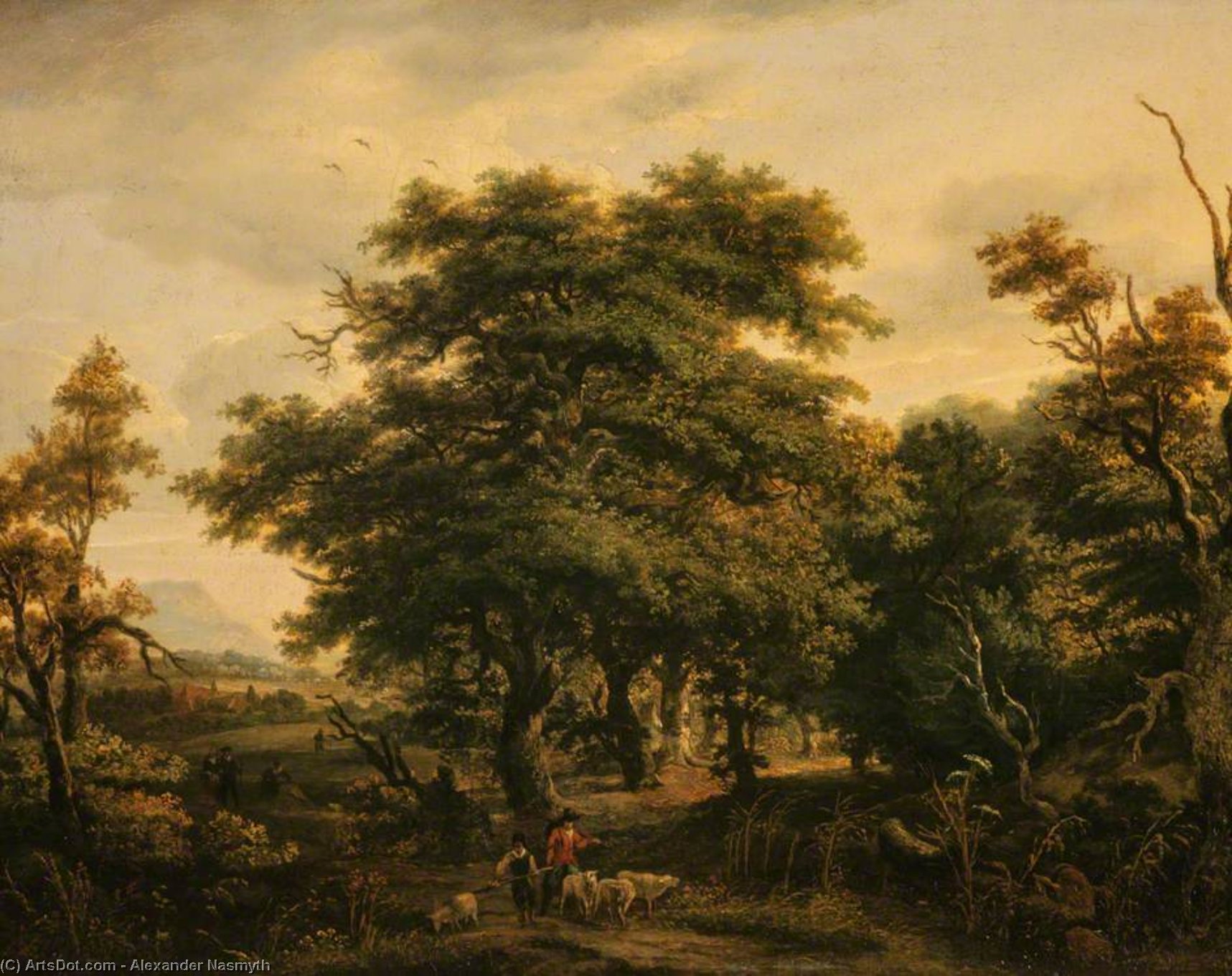 Wikioo.org - The Encyclopedia of Fine Arts - Painting, Artwork by Alexander Nasmyth - Woody Landscape With Figures And Sheep