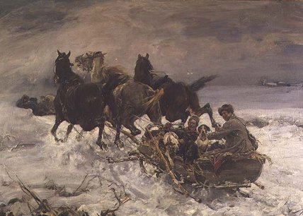 WikiOO.org - Encyclopedia of Fine Arts - Malba, Artwork Alfred Wierusz Kowalski - Figures In A Horsedrawn Sleigh