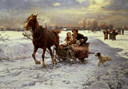 Wikioo.org - The Encyclopedia of Fine Arts - Painting, Artwork by Alfred Wierusz Kowalski - Lovers In A Sleigh