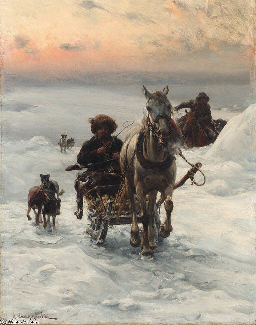 Wikioo.org - สารานุกรมวิจิตรศิลป์ - จิตรกรรม Alfred Wierusz Kowalski - Cossacks Returning Home In The Snow