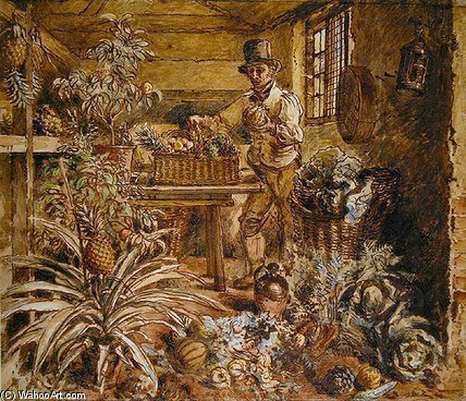 Wikioo.org - The Encyclopedia of Fine Arts - Painting, Artwork by Alfred William Hunt - Gardener In A Potting Shed With Pineapples