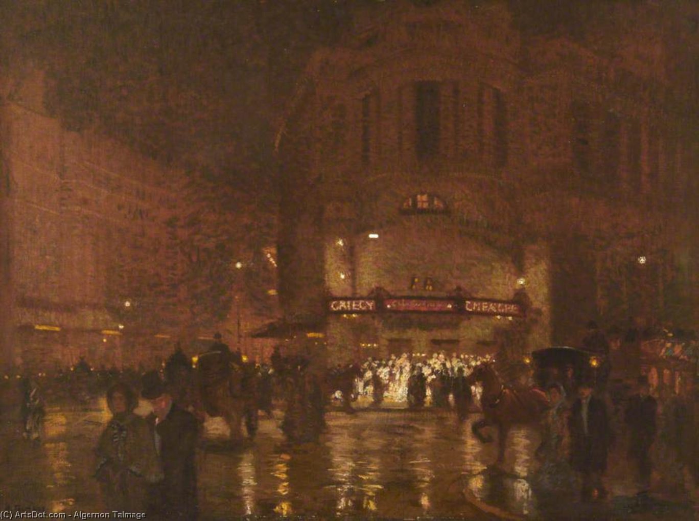Wikioo.org - The Encyclopedia of Fine Arts - Painting, Artwork by Algernon Talmage - London, Wet Evening, Gaiety Theatre
