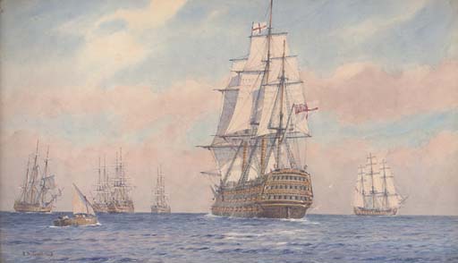 Wikioo.org - The Encyclopedia of Fine Arts - Painting, Artwork by Alma Claude Burlton Cull - Nelson In H.M.S. Victory Joining The Fleet Off Cadiz Prior To The Battle Of Trafalgar