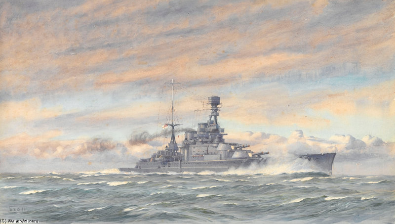 WikiOO.org - Enciclopédia das Belas Artes - Pintura, Arte por Alma Claude Burlton Cull - Unidentified Battleship At Sea