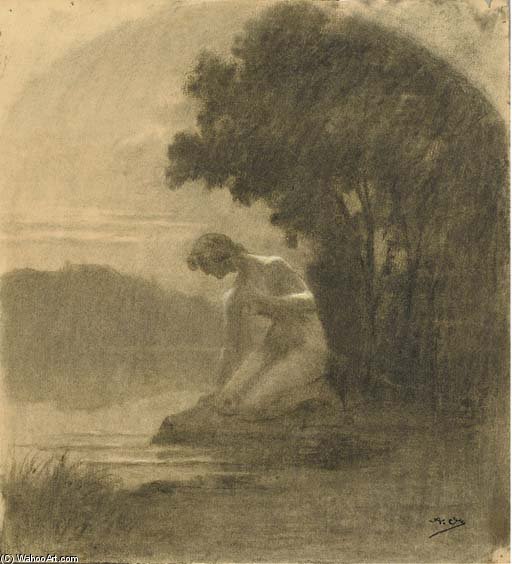 WikiOO.org - 백과 사전 - 회화, 삽화 Alphonse Osbert - Un Paysage Avec Une Femme Nue Agenouillée Au Bord D'un Lac