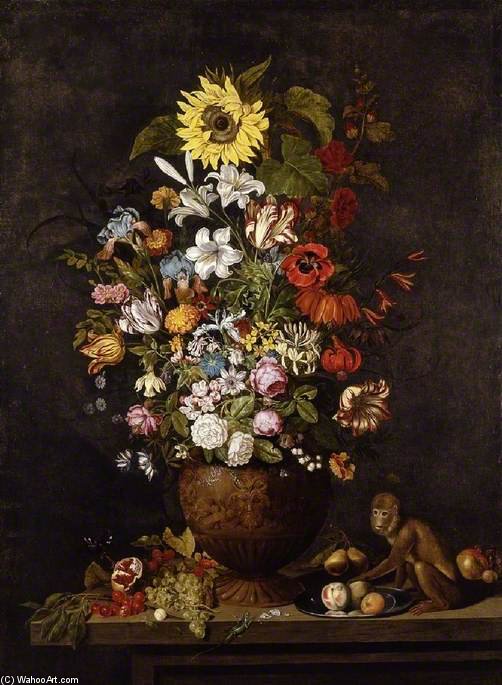 Wikioo.org - The Encyclopedia of Fine Arts - Painting, Artwork by Ambrosius Bosschaert The Younger - A Vase Of Flowers With A Monkey