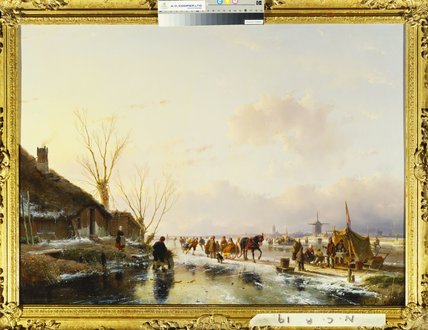 Wikioo.org - The Encyclopedia of Fine Arts - Painting, Artwork by Andreas Schelfhout - Skaters By A Booth On A Frozen River,