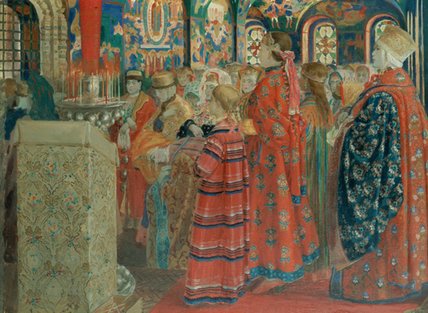 Wikioo.org - สารานุกรมวิจิตรศิลป์ - จิตรกรรม Andrei Petrovich Ryabushkin - Seventeenth Century Russian Women At Church