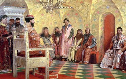 WikiOO.org - Enciclopedia of Fine Arts - Pictura, lucrări de artă Andrei Petrovich Ryabushkin - Tsar Mikhail Fyodorovich With Boyars Sitting In His