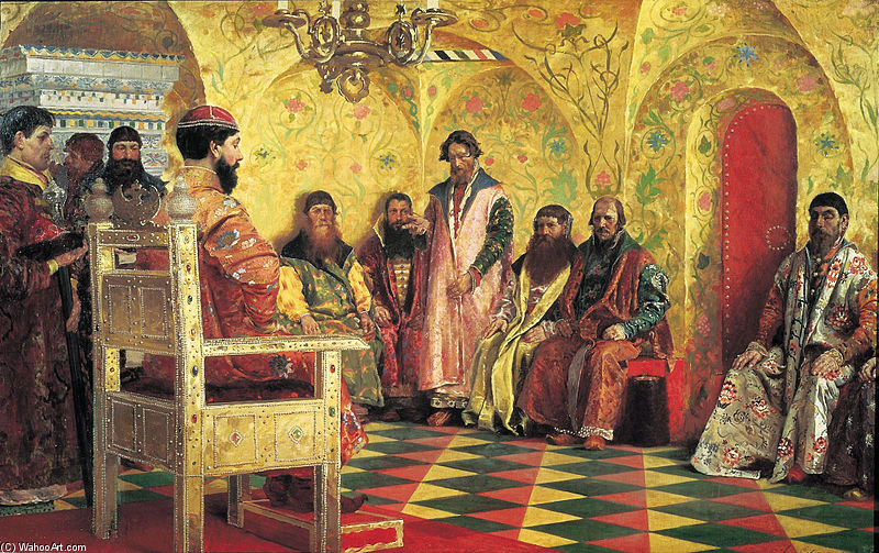 Wikioo.org - The Encyclopedia of Fine Arts - Painting, Artwork by Andrei Petrovich Ryabushkin - Tsar Mikhail Pada Sesi Boyar Duma