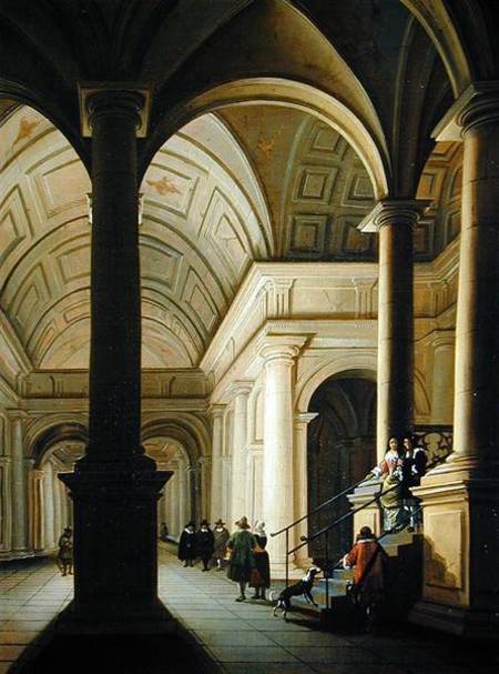 Wikioo.org - The Encyclopedia of Fine Arts - Painting, Artwork by Anthonie De Lorme - Palatial Interior At Night, With An Elegant Couple Making Their Entrance