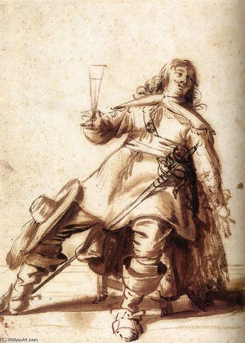 WikiOO.org - Encyclopedia of Fine Arts - Schilderen, Artwork Palamedesz Anthonie (Stevaerts) - Seated Cavalier With A Sword And A Raised Glass