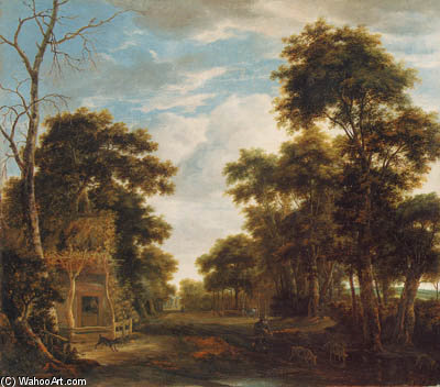 Wikioo.org - The Encyclopedia of Fine Arts - Painting, Artwork by Anthonie Waterloo - A Wooded Landscape With A Dog Barking At A Swineherd