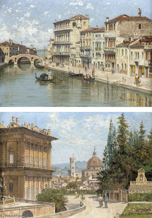 Wikioo.org - The Encyclopedia of Fine Arts - Painting, Artwork by Antonietta Brandeis - Ponte Dei Tre Archi, Cannaregio; And A View Of Florence From The Baboli Gardens With The Duomo In The Distance