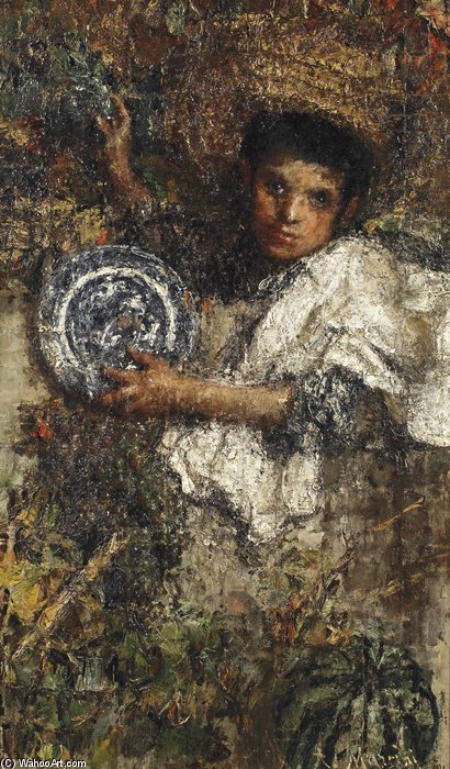 WikiOO.org – 美術百科全書 - 繪畫，作品 Antonio Mancini - 意大利 男孩  在  一个  葡萄园