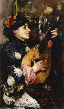 Wikoo.org - موسوعة الفنون الجميلة - اللوحة، العمل الفني Antonio Mancini - Woman With A Mandolin