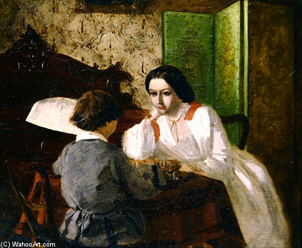 Wikioo.org - The Encyclopedia of Fine Arts - Painting, Artwork by Arthur Boyd Houghton - The Artist's Brother And Sister Playing Cards