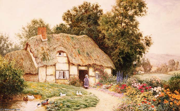 WikiOO.org - Encyclopedia of Fine Arts - Maleri, Artwork Arthur Claude Strachan - A Cottage By A Duck Pond