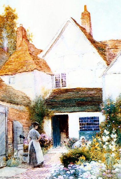 WikiOO.org - אנציקלופדיה לאמנויות יפות - ציור, יצירות אמנות Arthur Claude Strachan - Gardening Outside The Cottage