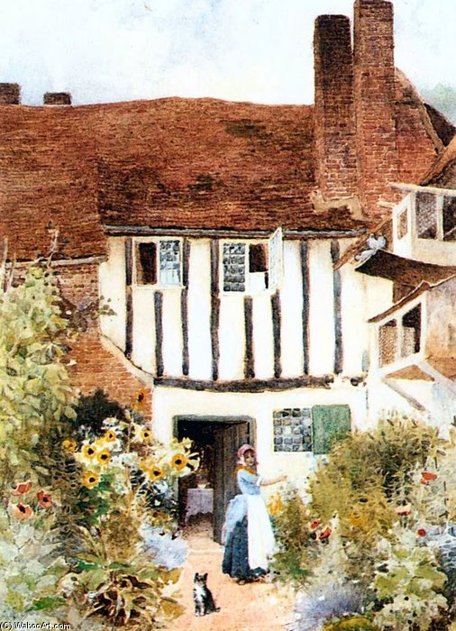 Wikioo.org - The Encyclopedia of Fine Arts - Painting, Artwork by Arthur Claude Strachan - Girl And Cat Outside Cottage